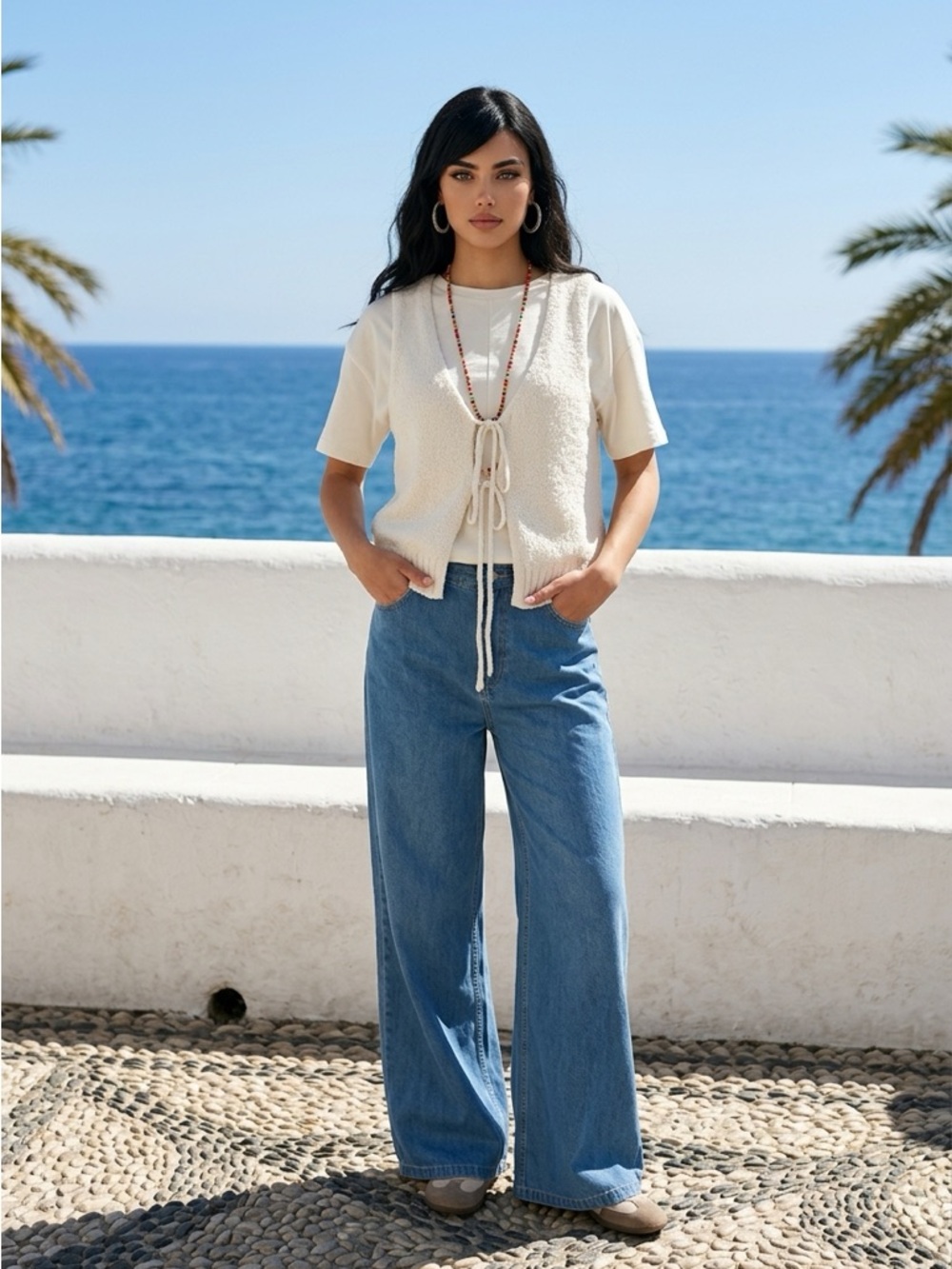 Wide Leg High-Waist Blue Jeans for Women and cream tie sweater vest.